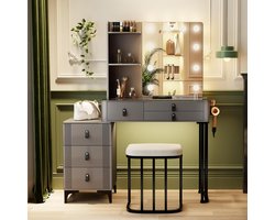 Luxe kaptafel met LED-spiegel, oplaadstation en stoel – Grijze kaptafel met 6 lades, glazen blad, 3-kleurige verlichting, USB/Type-C en draadloze oplaadfunctie – Moderne make-upkast voor de slaapkamer HomeByNicole