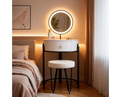 Luxe kaptafel met LED-spiegel, ronde kaptafel 55 cm wit met lade en kruk, modern design voor slaapkamer en make-up HomeByNicole