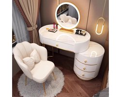 Luxe kaptafel met LED-verlichting en spiegel – kaptafel met granieten blad, kruk en 5 lades – wit/gouden cosmetische tafel – make-uptafel met 3-kleurig slim licht en veel opbergruimte, 80 cm breed HomeByNicole