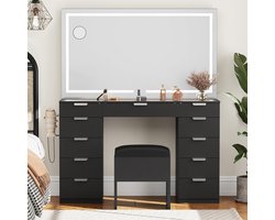 Luxe kaptafel met ledverlichting, spiegel en kruk – 11 lades voor opbergruimte, USB-poorten en -aansluitingen, instelbare helderheid, moderne kaptafel voor slaapkamer, kleedkamer en make-upstudio, zwart HomeByNicole