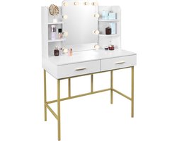 Luxe Kaptafel – Met Spiegel – Bureau – Make Up Tafel met Verlichting – Huishouden – 2 Lades – Voor Slaapkamer – Hoogwaardig Materiaal – Wit