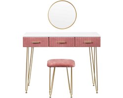 Luxe Kaptafel met Spiegel en Krukje- Moderne Dressoir - Wit / Roze - 3 Lades - 100 x 40 x 77 cm - Make Up Tafel