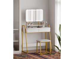 Luxe Kaptafel met Spiegel, LED Verlichting met 3 Lichtkleuren en Kruk, Make-up Tafel met 2 Lades en Metalen Frame, Wit & Goud 84 x 43 x 142 cm