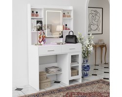 Luxe Kaptafel met Verlichte Spiegel & Stopcontact - ADFBL - Make-up Tafel Wit met RGB Glasplaat - Bureau met 2 Lades & Opbergkast - 90 cm Breed - 3 Lichtkleuren & USB