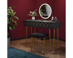 Luxe kaptafel “Mirabella Deluxe” – 100 cm LED kaptafel met spiegel & kruk – Zwart marmer – kaptafel met 3 lades, dimbare verlichting & stijlvol design – make-uptafel met opbergruimte HomeByNicole