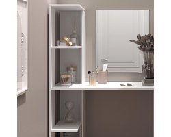 Luxe Kaptafel “Toren Elegance” – Met Grote Spiegel & Zijrek met 4 Planken – Make-up Tafel voor Slaapkamer & Dressing – Modern Design – 122×55×150 cm – Wit Hoogglans – Opbergruimte Voor Cosmetica & Accessoires – Medahome