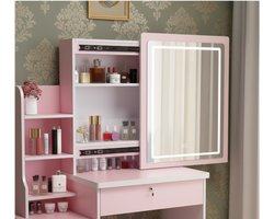 Luxe kaptafelset met LED-verlichting, spiegel en kruk - 4 lades - 80 cm - make-uptafel voor slaapkamer - roze / wit HomeByNicole
