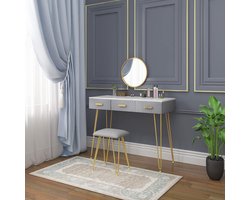 Luxe kaptafelset met spiegel en kruk – modern kaptafelontwerp met 3 lades van massief hout, hoogglans tafelblad 100x40 cm, fluweel en goudkleurig metaal, grijswit – elegante make-uptafel voor slaapkamer en kleedkamer HomeByNicole