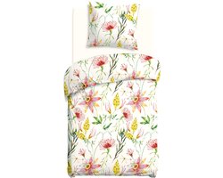 Luxe Katoenen Dekbedovertrekset Cottonlove – 140x200 cm – Rode en Gele Bloemen – 100% Katoen – Darymex