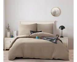 Luxe Katoenen Satijnen Dekbedovertrek Set Beige met Gouden Bies 220x200 cm