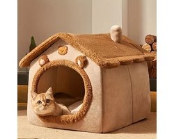 Luxe Kattenhuis & Hondenmand – Schattig Teddybeer Design – Zacht Huisje – Bruin – Overdekt & Warm Slaapholletje M (44x36x39cm)