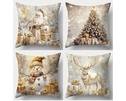 Luxe Kerst Kussenhoezen Set 4 Stuks – 45x45 cm – Goud & Wit – Kerstboom, Sneeuwman, Rendier & Kerstman – Feestelijke Woondecoratie