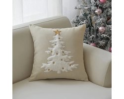 Luxe Kerstkussen – Beige Sierkussen met Witte Kerstboom & Gouden Ster – 45x45 cm – Zacht & Sfeervol – Winter Decoratie