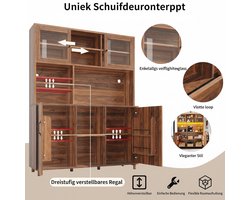 Luxe Keuken Vitrinekast met LED & Glazen Deuren – Hoge Buffetkast met 4 Deuren, Laden & Verstelbare Legplanken – Walnoot Retro Keukenkast 120×40×185 cm – Extra Stabiel met Kipbeveiliging – Novihome