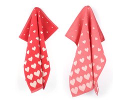 Luxe Keukendoek en Theedoek Hearts Rood Bunzlau Castle - 100% biologisch katoen - Keukendoek 60x53cm en Theedoek 65x65cm