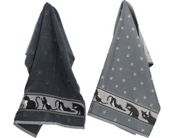 Luxe Keukendoek en Theedoek Kat Antraciet - Bunzlau Castle - 100% Biologisch GOTS Katoen - keukentextiel set