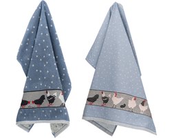 Luxe Keukendoek en Theedoek Kip Grijs Blauw - Bunzlau Castle - 100% biologisch katoen - keukentextiel set