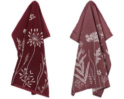 Luxe Keukendoek en Theedoek Wild Flowers Burgundy GOTS van Bunzlau Castle | 100% Biologisch Katoen | Keukendoek 60x53cm en Theedoek 65x65cm