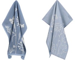 Luxe Keukendoek en Theedoek Wild Flowers Grijs Blauw - Bunzlau Castle - 100% biologisch katoen - Keukendoek 60x53cm en Theedoek 65x65cm