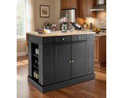 Luxe Keukeneiland met Uitschuifbaar Werkblad, Houten Kast met Laden en Planken – Multifunctioneel Dressoir voor Keuken en Eetkamer – Zwart – 120 x 60/90 x 92 cm – Extra Opbergruimte & Moderne Stijl Casa Serena