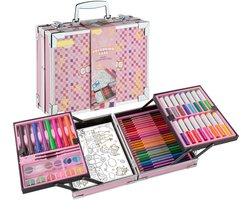 Luxe Kleurkoffer voor Meisjes - Aluminium Schilder- en Teken Koffer - Stiften, Kleurpotloden, Markers, Aquarel Napjes, Krijtjes, Penselen, Canvas & Kleurboek - Creatief Knutselpakket in Koffer - Cadeau voor meisjes vanaf 3 jaar - Joya Creative