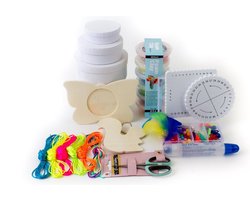 luxe knutsel box pakket diy 18 meter satijnkoord neon foam clay metallic kleur complete set in knutsel box 3 ronde witte doosjes hout fotolijstje vlinder eekhoorn hanger hout origineel knutselset kumihimo schijf inclusief armbandjes knopen