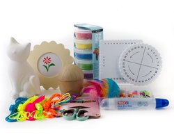Luxe knutselpakket uniek compleet creatief pakket cup-cake papier-maché fotolijstje bloem terracotta spaarpot poes neon satijnkoord foam clay metallic kleuren kumihimo schijf 3D veertjes origineel cadeau sint kerst kralen meisje jongen in opberg box