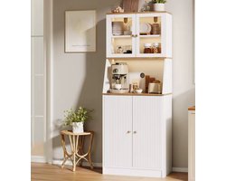 Luxe Koffiecorner Kast met Verstelbare Planken - Keuken Buffetkast Modern Wit - Opbergkast met Glazen Vitrine & Verlichting - 180 cm Hoog