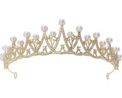 Luxe Koninklijke Tiara met Witte Parels en Sprankelende Kristallen-Goud Kroon voor Speciale Gelegenheden