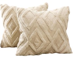 Luxe Kussenhoezen Set - 45x45cm - Set van 2 - Zachte Kussenhoes - Groot Ruitpatroon - Kussenhoes voor Slaapkamer of Woonkamer - Sierkussenhoezen - Modern Design - Woondecoratie - Exclusief Kussenvulling - Beige