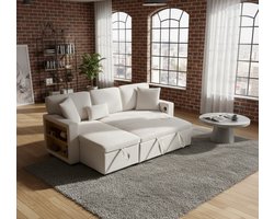 Luxe L-Vorm Slaapbank 3-Zits met USB-Aansluiting, Opbergruimte & Uitschuifbaar Bed – Hoekbank met Bettkasten, Ingebouwd Rek & Slaapfunctie – Moderne Sofa voor Woonkamer – Beige Depauwwonen