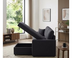 Luxe L-vormige Hoekbank met Opbergruimte en Slaapfunctie – 3-zits Zwarte Linnen Bank “Alvaro” – Moderne Hoekbank Uitklapbaar voor Woonkamer – Comfortabele Chaise Longue – 221 x 145 x 85 cm UrbanHome