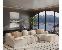 Luxe L-vormige Modulaire Bank met Slaapfunctie – 5-zits Boneless Cloud Sofa – Zachte Corduroy Stof – Modern Comfortabel Design – Beige – House&Garden