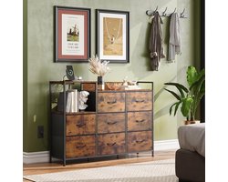 Luxe Ladekast met 8 Stoffen Lades en Stopcontacten – TV Meubel & Opbergkast met USB en AC Aansluitingen, Metalen Frame en Houten Bovenblad – Industrieel Design voor Woonkamer, Slaapkamer en Hal – Bruin – Mobili Bella