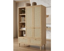Luxe landelijke kledingkast met rotan vlechtwerk eikenlook 180x120x50 cm – Garderobekast met open vakken, kledingroede, 2 lades, softclose deuren & kantelbeveiliging | medahomestore