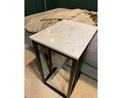Luxe Laptoptafel Wit Marmer (40x30x54cm) - Bijzettafel Bank Wit - Bijzettafeltjes Woonkamer Klein - Banktafel Wit - Bedtafeltje voor op Bed - Laptoptafel - Salontafel Industrieel - Sidetable Industrieel Wit- Koffietafel