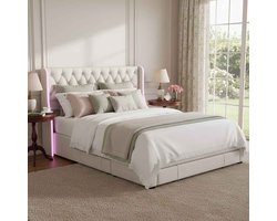 Luxe LED Bed 160x200 cm met 3 Lades - ADFBL - Beige Gestoffeerd Bedframe met Opbergruimte - Slimme RGB Verlichting met App & Muziekmodus - 2 Persoons - Velvet Look