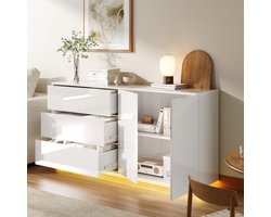 Luxe LED Dressoir 160x35x76 cm Hoogglans Wit met 2 Deuren en 3 Lades – Modern Opbergmeubel voor Woonkamer, Eetkamer en Hal