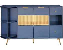 Luxe LED Dressoir Blauw – 130 cm Breed Modern Sideboard met Schuifdeuren van Glas, Grote Opbergkast voor Woonkamer, Eetkamer of Keuken – Buffetkast met Verlichting, Houten Opbergmeubel met Glazen Fronten