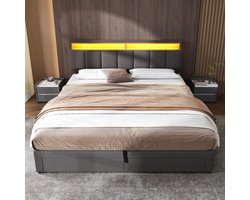 Luxe LED Gestoffeerd Bed met Opbergruimte 160x200 cm, Tweepersoonsbed met 2 Lades, Verstelbaar Hoofdbord en Lattenbodem – Modern Boxspring Design