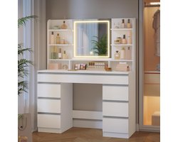 Luxe LED Kaptafel met Spiegel, 9 Lades en 9 Open Vakken, 108 x 40 x 140 cm, Wit/Zilver – Moderne Make-up Tafel met Verstelbare Verlichting en Opbergruimte