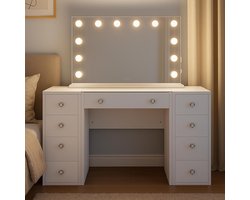 Luxe LED Kaptafel met Spiegel en 9 Laden, Glazen Blad & USB – 143x50x136 cm