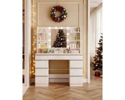 Luxe LED Kaptafel met Spiegel – Make-up Tafel met 10 LED Lampen, 9 Lades & 9 Open Vakken – 3 Lichtkleuren & Dimbaar – Moderne Dressing Table – Wit/Zilver – 108 cm Depauwwonen