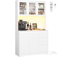 Luxe LED Keukenkast – Grote Buffetkast met Werkblad, 3 Lades, Verstelbare Planken, Stopcontact & USB – Dressoir met Glazen Deuren, 180x100x38.5 cm – Witte Moderne Opbergkast voor Keuken, Woonkamer & Koffiecorner