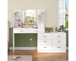 Luxe LED Make-up Tafel met Spiegel, Stopcontact & USB – 8 Laden & 6 Planken – Verstelbare L-/I-Vorm Kaptafel met Dimbare Verlichting, Houten Design Bureau voor Slaapkamer of Salon – Wit 100x40x135 cm | Industrialhome