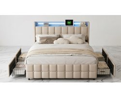 Luxe LED Opberg Boxspring Bed 180x200 cm met USB-aansluiting, RGB Verlichting, 4 Opberglades & Gestoffeerd Hoofdbord – Modern Tweepersoonsbed met Lattenbodem – Beige – Mobili Bella