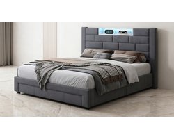 Luxe LED Opbergbed 160x200 cm met USB Oplaadpoorten en 3 Lades – Fluwelen Boxspring Look Tweepersoonsbed met Hoofdbord en Opbergruimte – Modern Bedframe Grijs – Mobili Bella