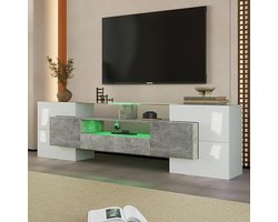 Luxe LED TV-meubel Luminara Grey Glass 200 cm – Modern hoogglans TV dressoir met glazen blad, 6 deuren, 2 lades en multi-color LED verlichting – 200 x 30 x 60,7 cm – Casa Dorada