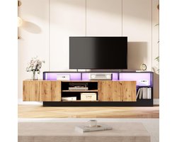 Luxe LED TV-Meubel "Nordic Anthracite" – Modern Laag Dressoir voor TV’s tot 70 Inch met 2 Soft-Close Klapdeuren, Open Mediavakken en RGB-Verlichting – Eiken & Zwart – 190 x 40 x 48.5 cm