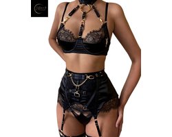 Luxe Lingerieset Dames – Lingerie Erotisch – Sexy Lingerie – 4-delige set – Zwart Kant & Satijn – Lingerie Setje – Verleidelijke BH met Jarretels & String – Sexy Lingerie – Chique – Luxe –Boudoir Look – Kinky – Erotisch – Maat XS/S, M, L, XL